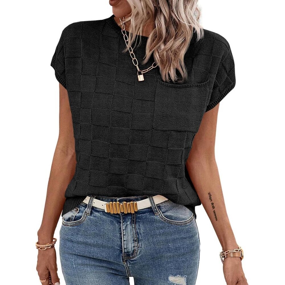 Womens Checkered Knit Sleeveless Sweater Casual Loose Fit Top X-Large